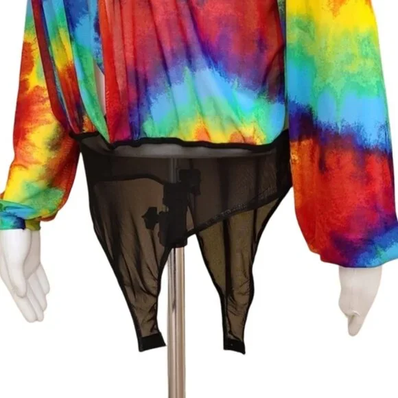 LOVE BRAND Rainbow Tie Dye Long Sleeve Bodysuit L Pride Festival Rave Faux Wrap - Picture 9 of 16
